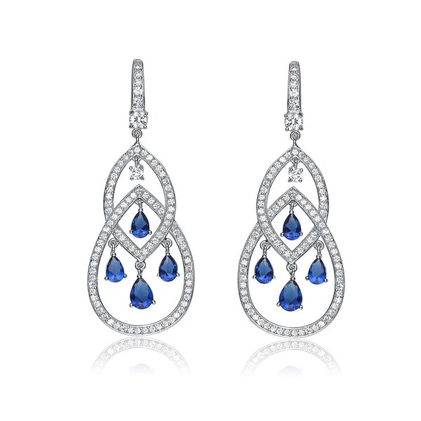 Collette Z Sterling Silver with Rhodium Plated Sapphire Blue Pear with Clear Round Cubic Zirconia Two Pear Chandelier Earrings