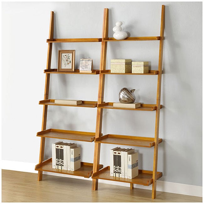 Oak Five-tier 2-piece Leaning Ladder Shelf Set - Free 