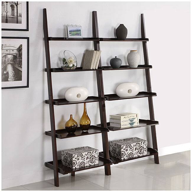 Walnut Five-tier 2-piece Leaning Ladder Shelf Set