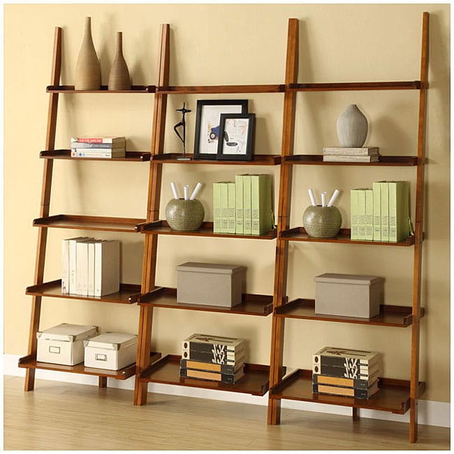 Mahogany Five tier 3 piece Leaning Ladder Shelf Set