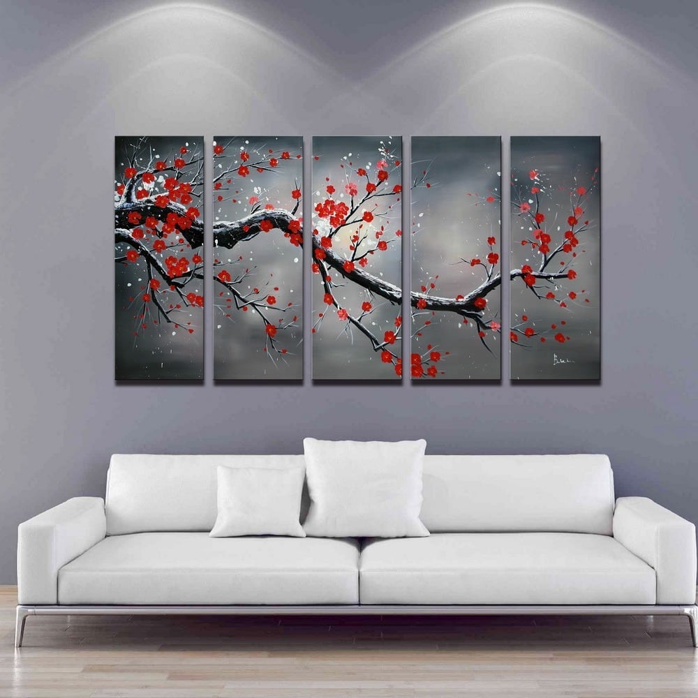 'Winter Plum' Hand Painted 5-piece Oil Canvas Art Set