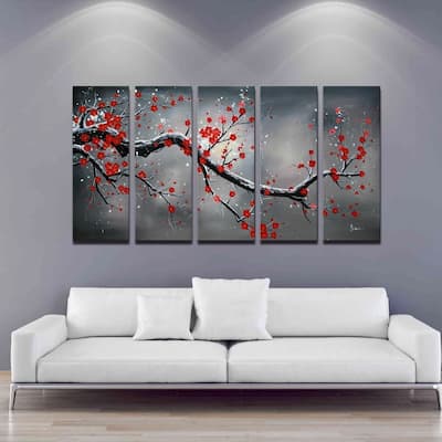 'Winter Plum' Hand Painted 5-piece Oil Canvas Art Set