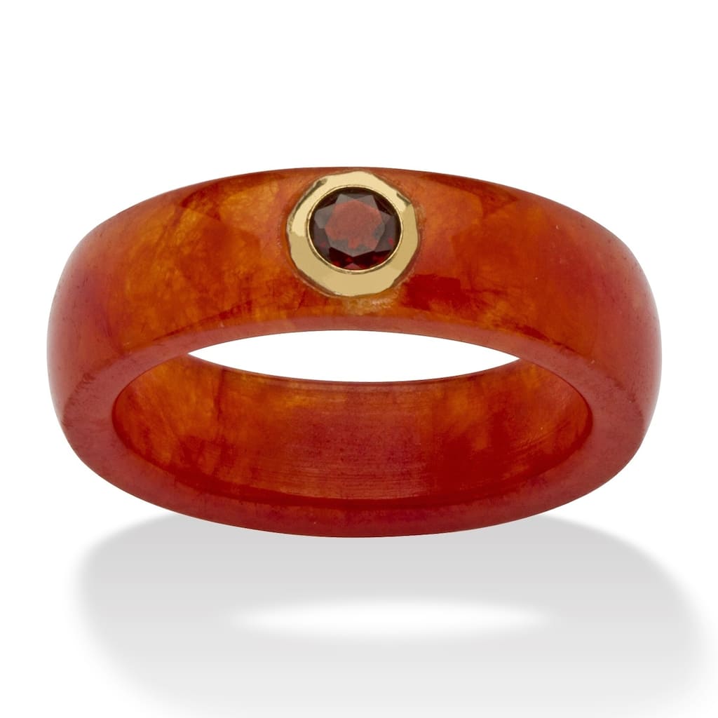 10K Yellow Gold Genuine Garnet and Red Genuine Jade Bezel Set Ring
