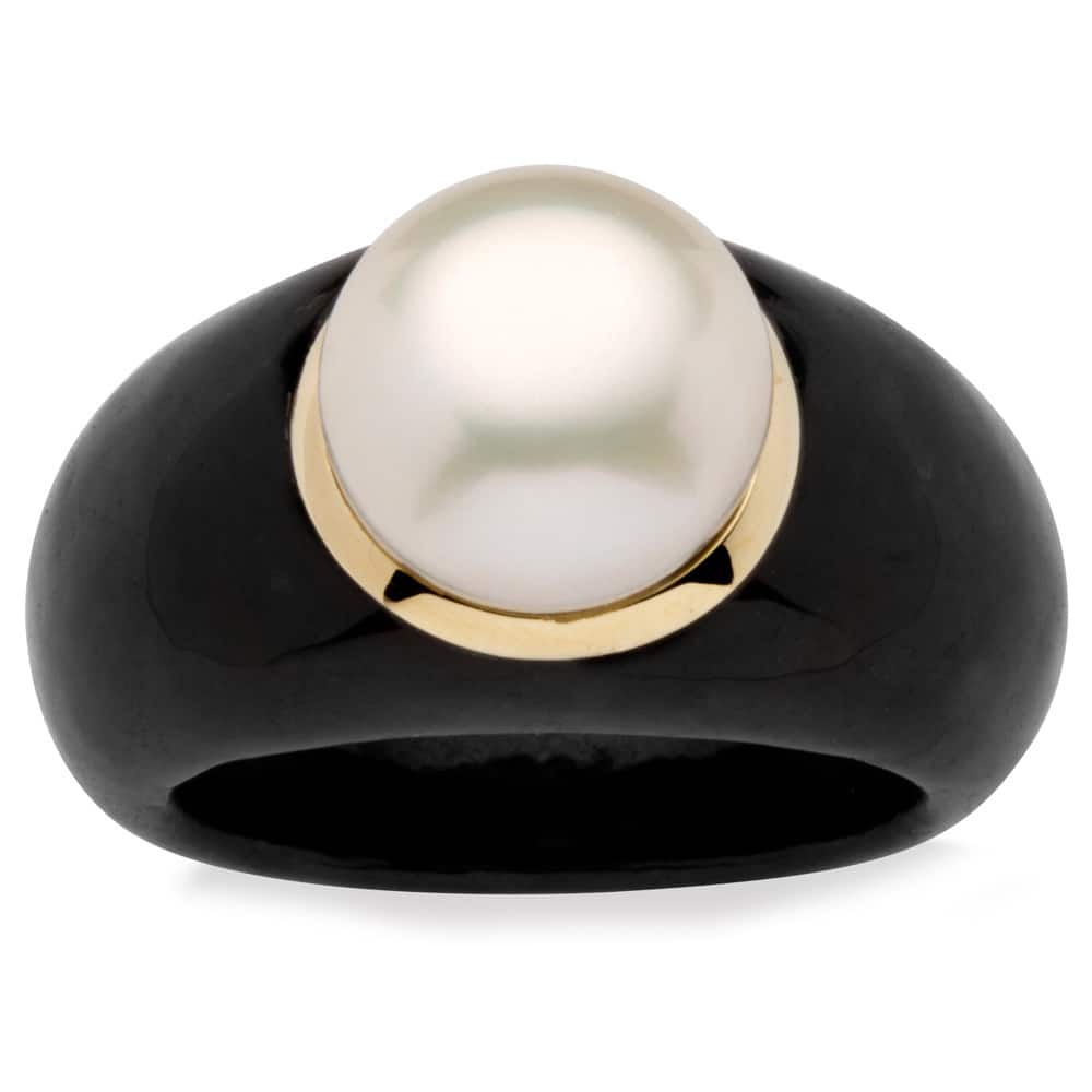 10k Yellow Gold Black Jade and White Freshwater Pearl Ring Naturalist