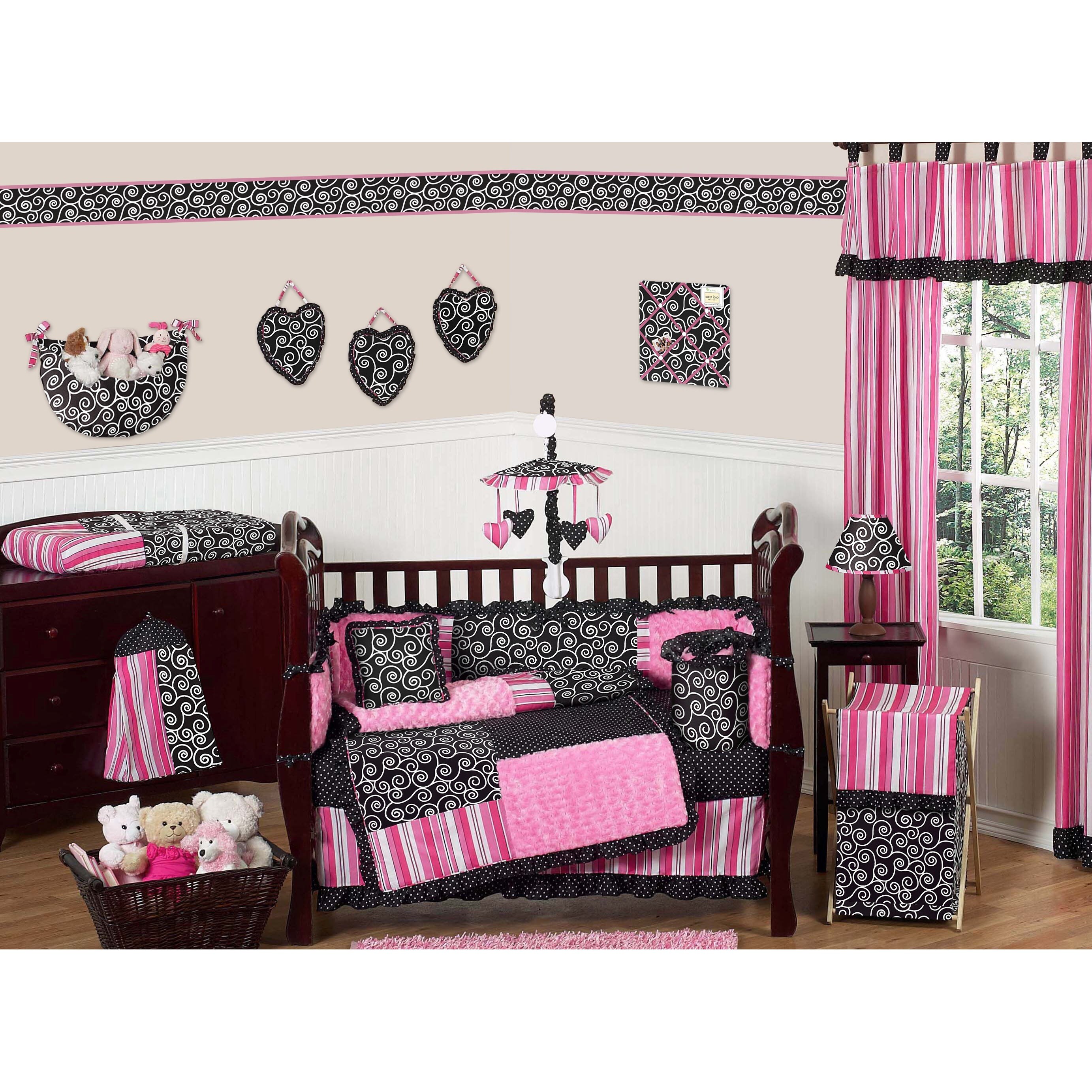 black and pink baby bedding