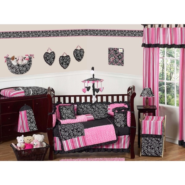 black and pink crib bedding