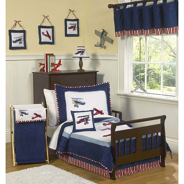 Sweet JoJo Designs Red White and Blue Vintage Aviator Airplane 5 piece Toddler Boy s Bedding Set