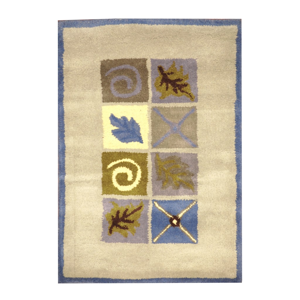 Handmade Herat Oriental Indo Leaf Print Beige/ Blue Wool Rug (India) - 2' x 3'