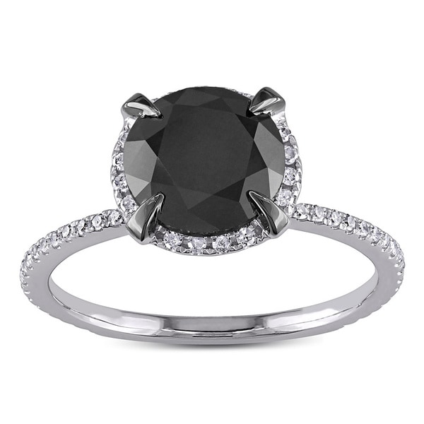 Miadora 10k White Gold 2 3/4ct TDW Black and White Halo Diamond Solitaire Engagement Ring