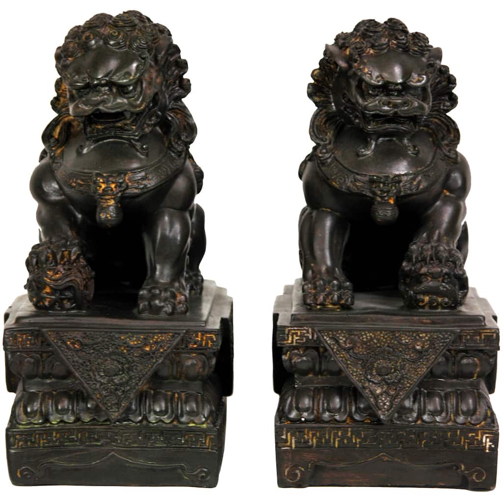 Handmade 9" Foo Dog Resin Statues, Set of 2