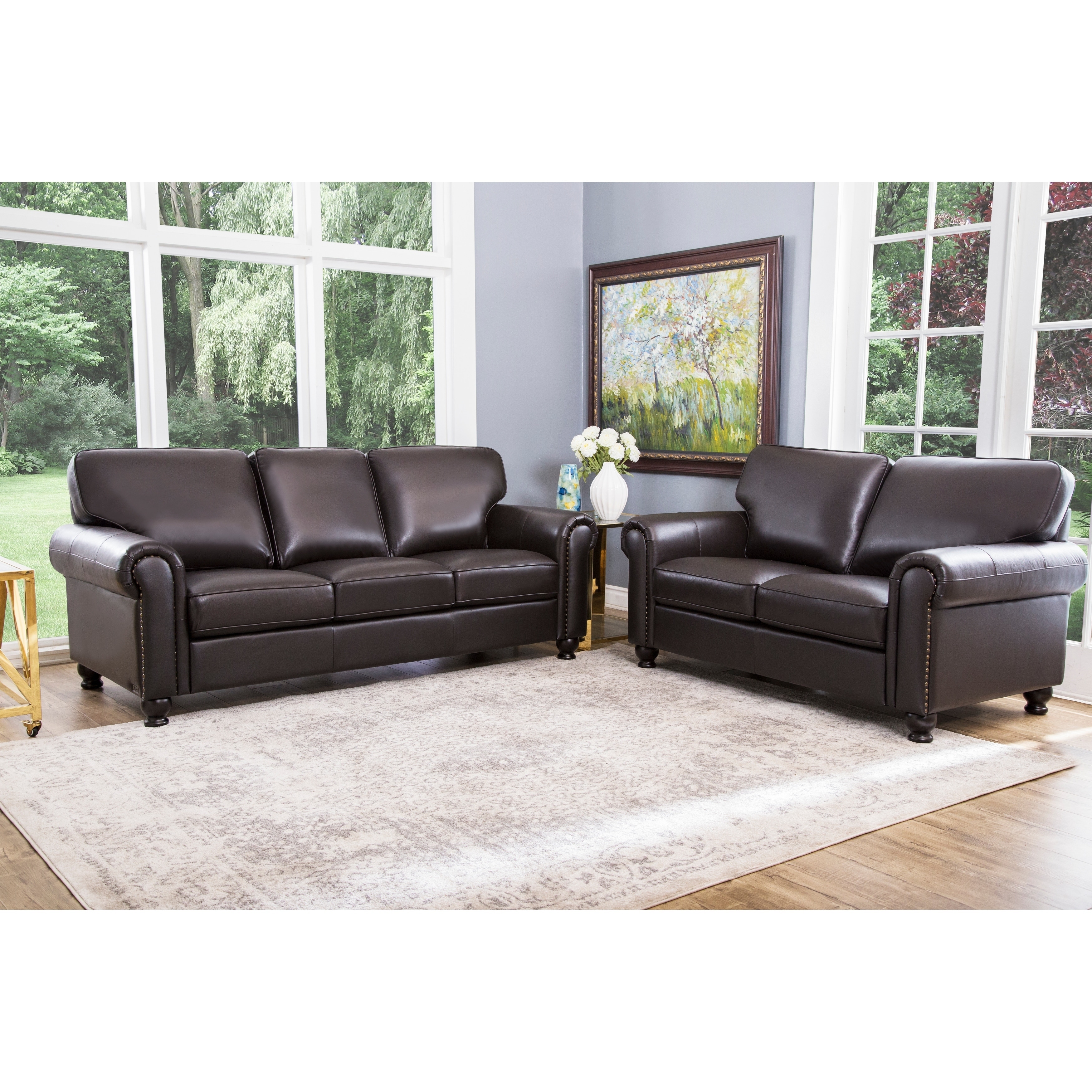 Abbyson London Brown Top Grain Leather 2 Piece Living Room Set