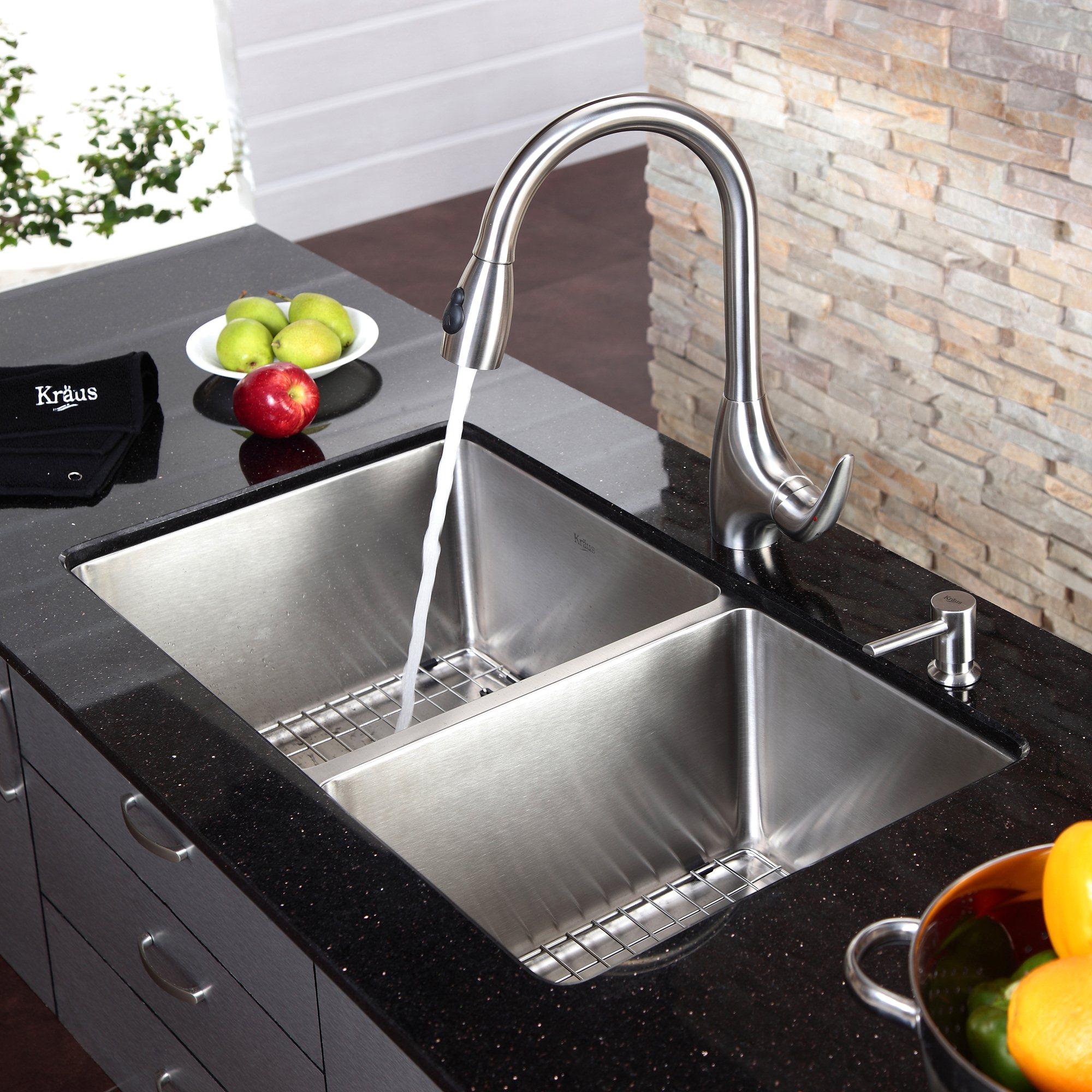 KRAUS 32 Inch Undermount Double Bowl Stainless Steel Kitchen Sink with Pull  Out Kitchen Faucet and Soap Dispenser - Bed Bath & Beyond - 4389953