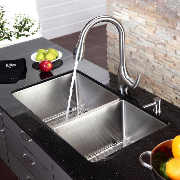 KRAUS 30 Inch Undermount Double Bowl Stainless Steel Kitchen Sink with  Kitchen Bar Faucet and Soap Dispenser in Stainless Steel - Bed Bath &  Beyond - 5176327