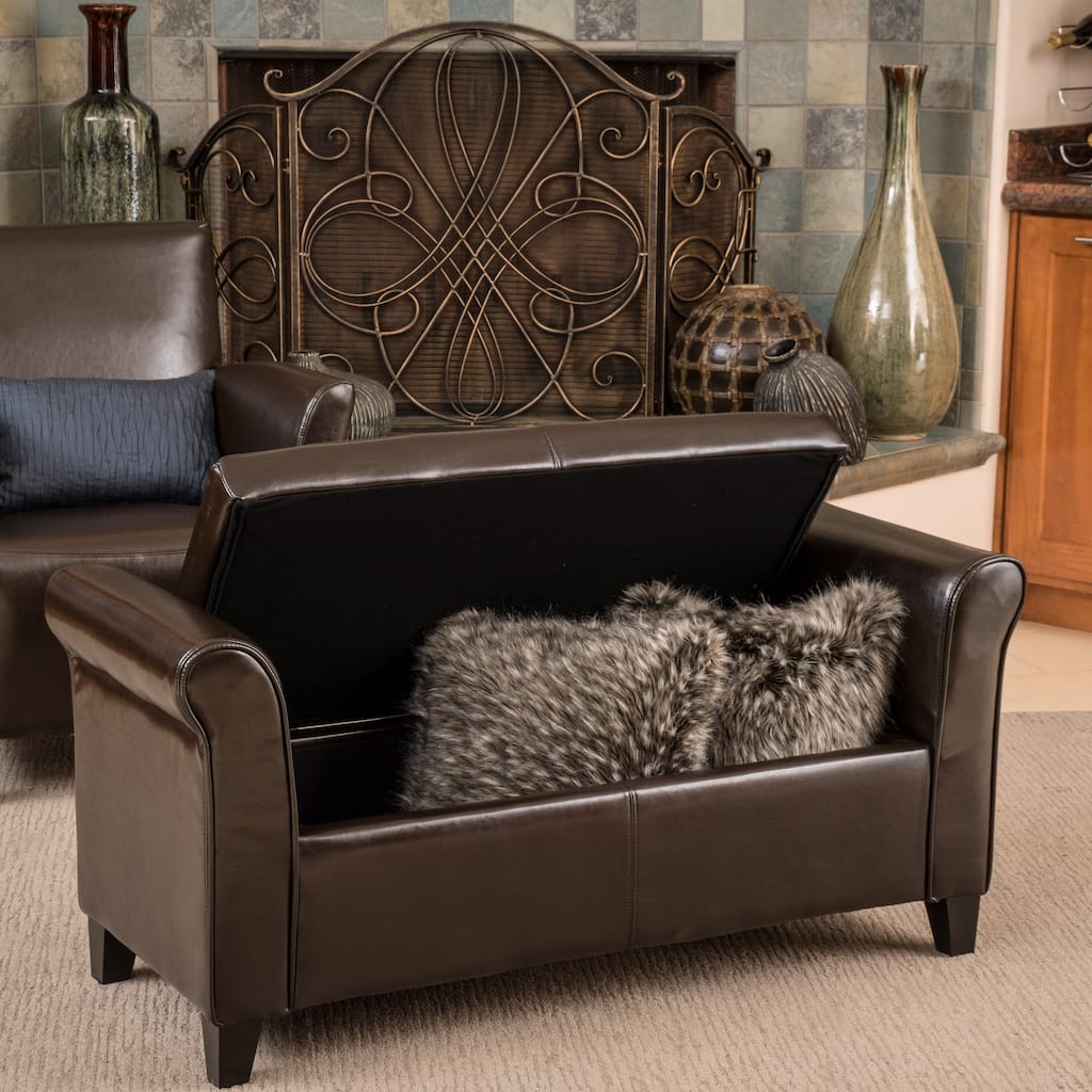 Torino Bonded Leather Brown Armed Storage Ottoman by Christopher Knight Home