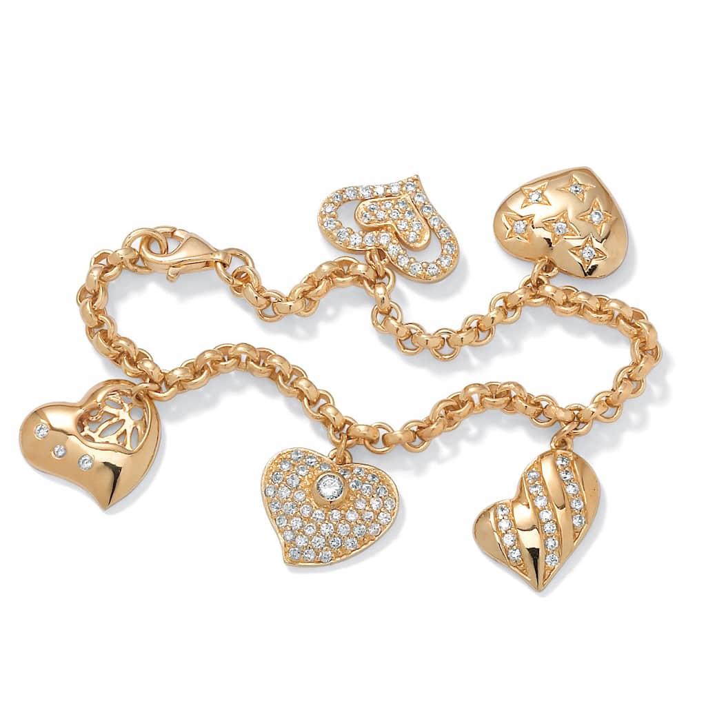 Gold Tone Round Heart Charm Bracelet Cubic Zirconia (1 1/2 cttw TDW)