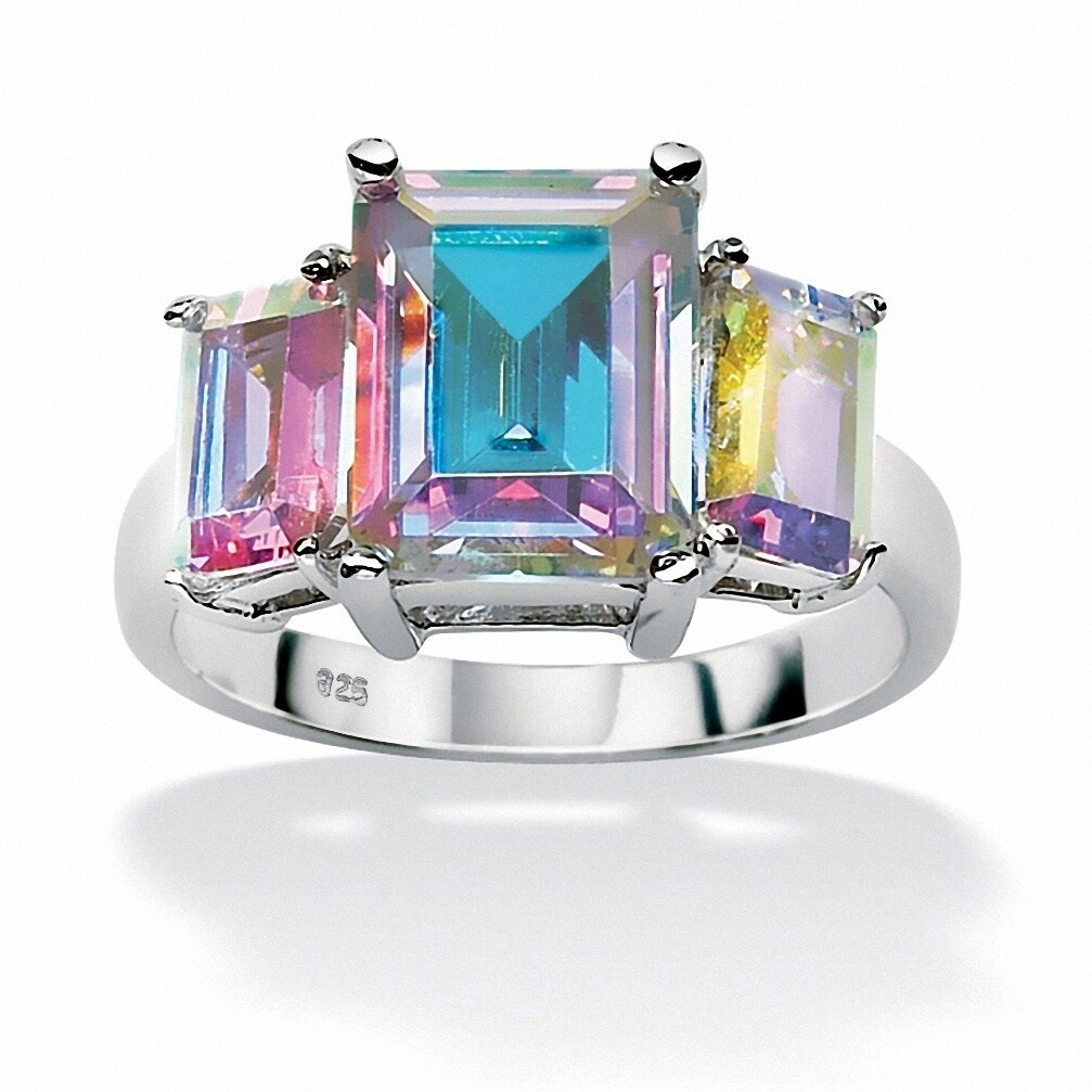 Shop Sterling Silver and Aurora Borealis Cubic Zirconia 3Stone Ring