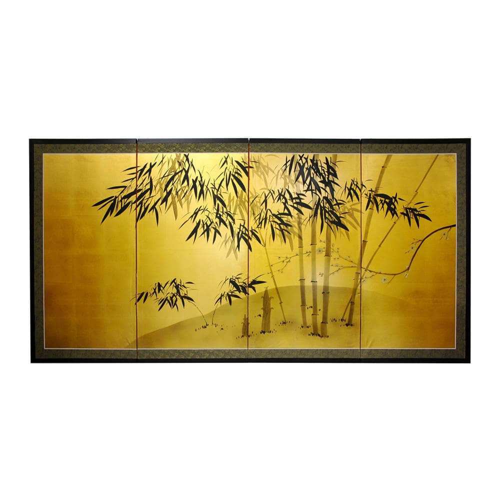 Handmade Silk and Wood 24-inch Gold Leaf Bamboo Wall Hanging/ Screen (China)