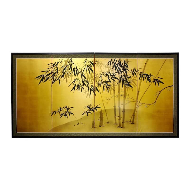Handmade Silk and Wood 24-inch Gold Leaf Bamboo Wall Hanging/ Screen (China)