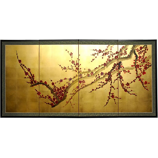 Handmade Silk and Wood 18-inch Plum Tree on Gold Leaf Wall Hanging (China)