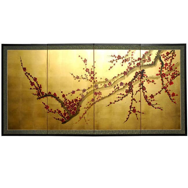 Handmade Silk and Wood 36-inch Plum Tree on Gold Leaf Wall Hanging (China) - 18"H x 36"W