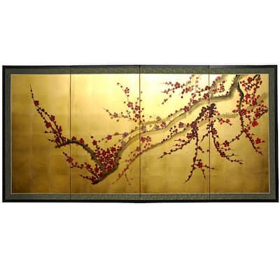 Handmade Silk and Wood 36-inch Plum Tree on Gold Leaf Wall Hanging (China) - 18"H x 36"W