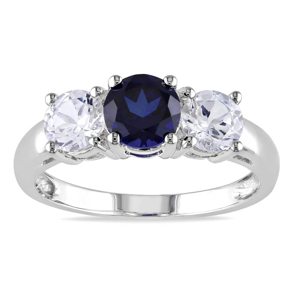 Miadora 10k White Gold Created Blue and White Sapphire 3-stone Ring