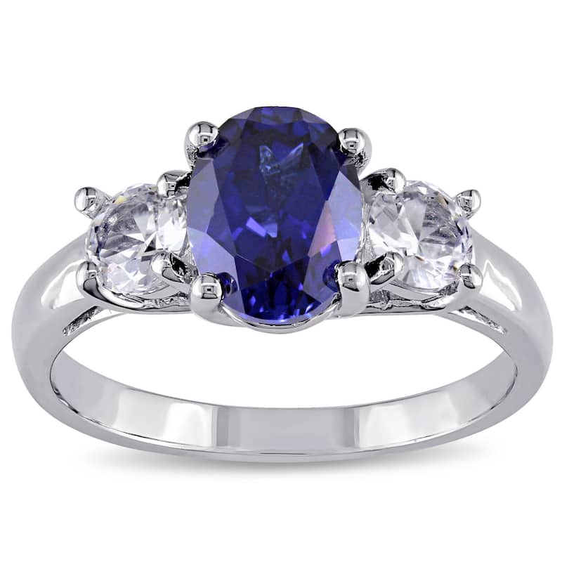 Miadora Sterling Silver Created Blue and White Sapphire 3-Stone Engagement Ring - 5
