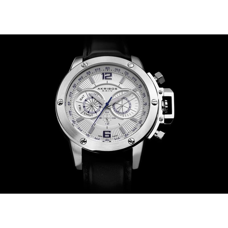 Akribos XXIV Men's Multifunction Stainless Steel Swiss Quartz White Strap Watch