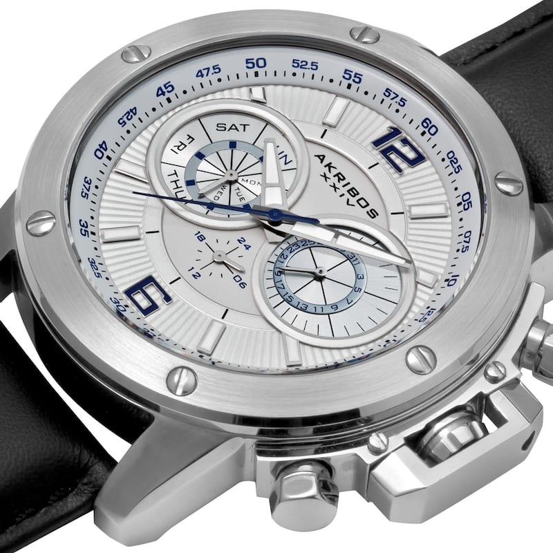 Akribos XXIV Men's Multifunction Stainless Steel Swiss Quartz White Strap Watch