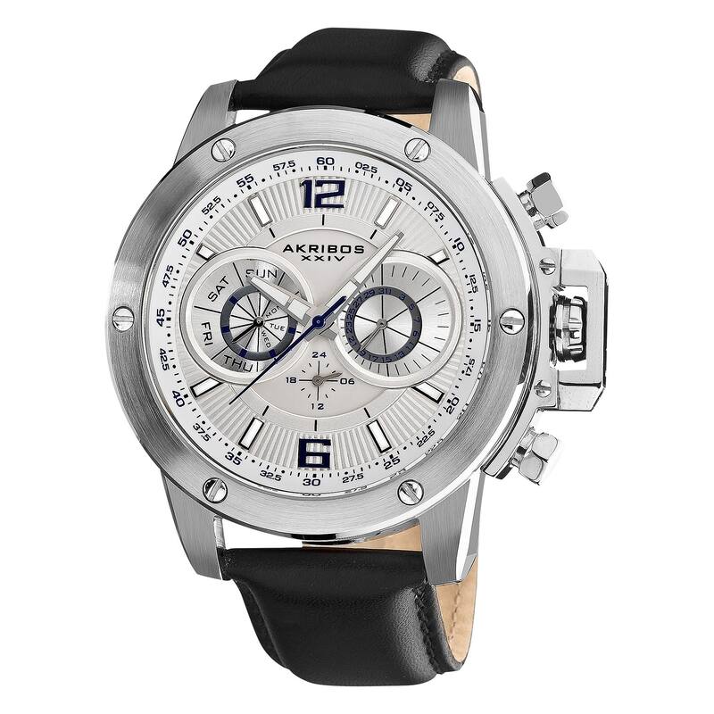 Akribos XXIV Men's Multifunction Stainless Steel Swiss Quartz White Strap Watch