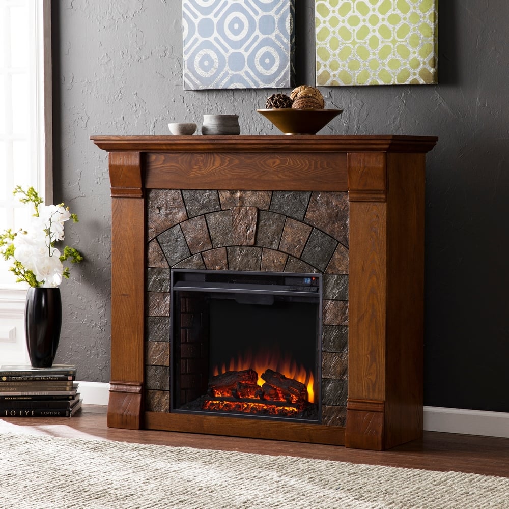 SEI Furniture Fleming 45-Inch Electric Fireplace with Stone Detail and Antique Oak Mantel