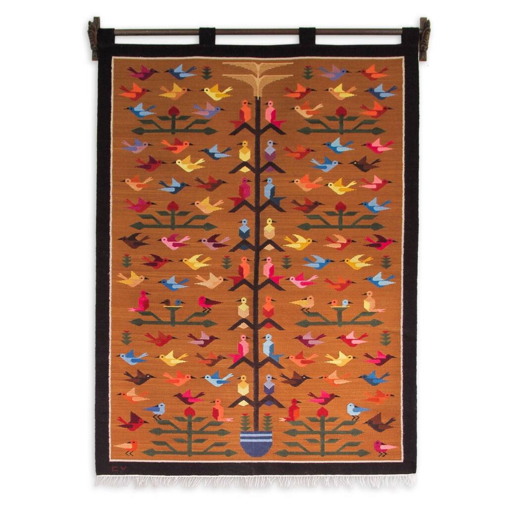 Tree Of Happiness Peace and Love Handmade Inca Design Brown Tan Pink Red Blue Green Wall Hanging Home Decor Wool Tapestry (Peru)