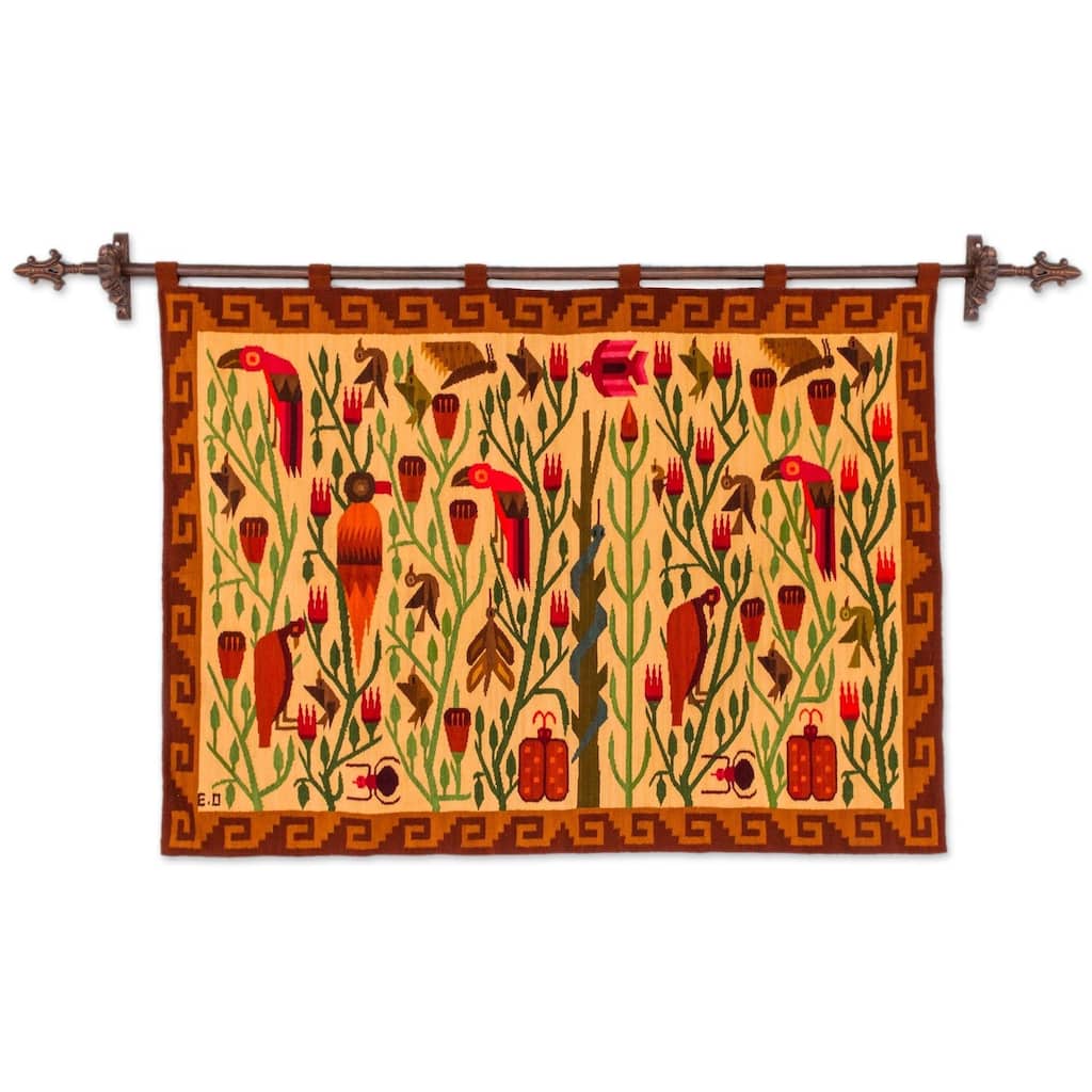 Bird Forest Artisan Design Handmade Traditional Inca Brown Tan Red Green Wall Hanging Home Decor Accent Wool Tapestry (Peru)