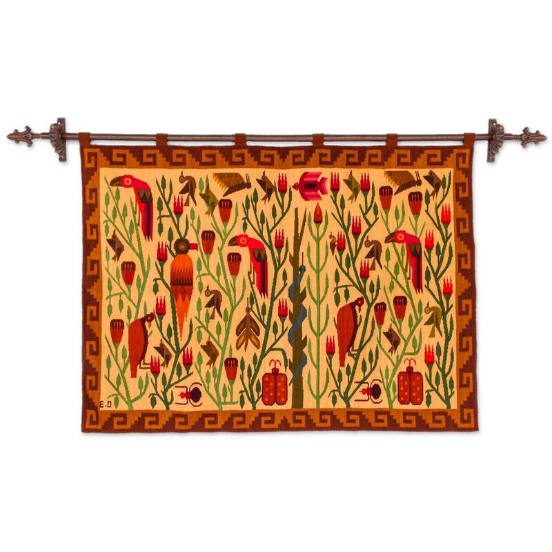 Bird Forest Artisan Design Handmade Traditional Inca Brown Tan Red Green Wall Hanging Home Decor Accent Wool Tapestry (Peru)