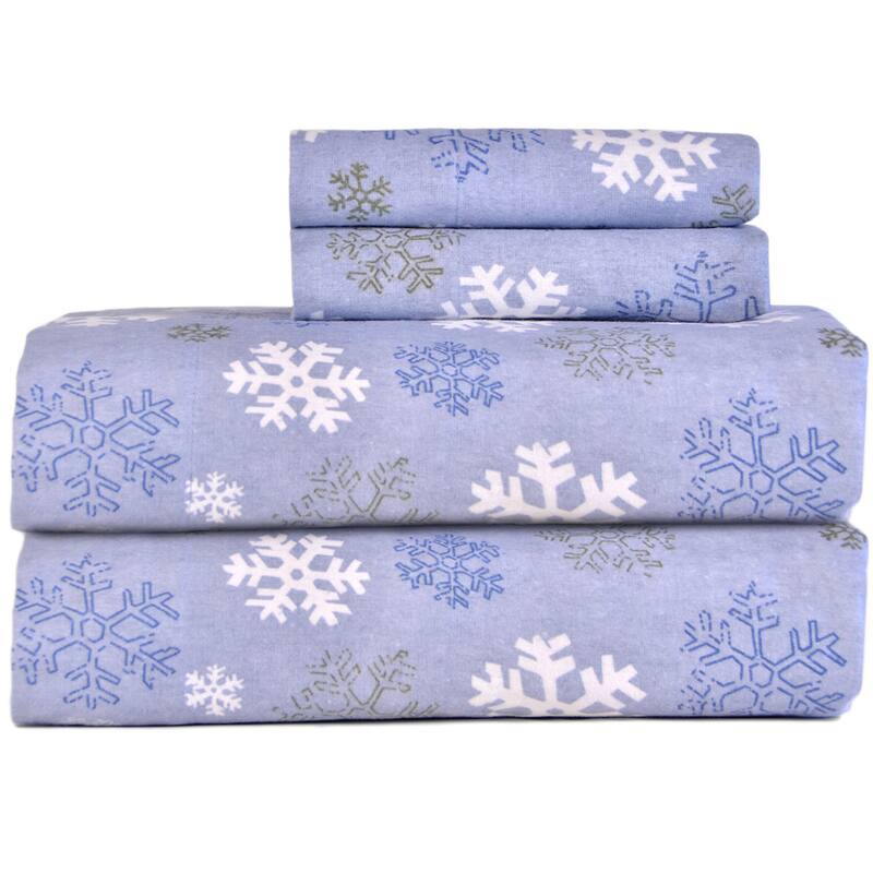 Pointehaven Snow Flake Flannel Bed Sheet Set - Blue - Twin