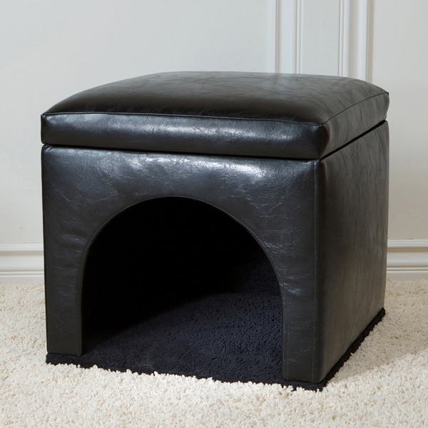 Black Leather Upholstered Pet Bed Ottoman (17.5 x 18.3 x 18.3) by