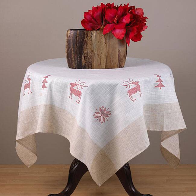 Red Embroidered Holiday Square Tablecloth 36x36 Inches