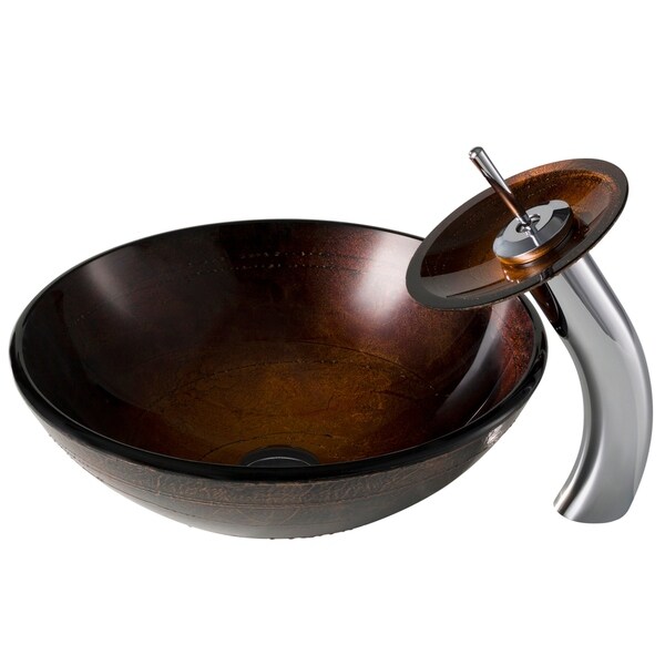 KRAUS Illusion Glass Vessel Sink in Brown with Single Hole Single-Handle Waterfall Faucet in Satin Nickel