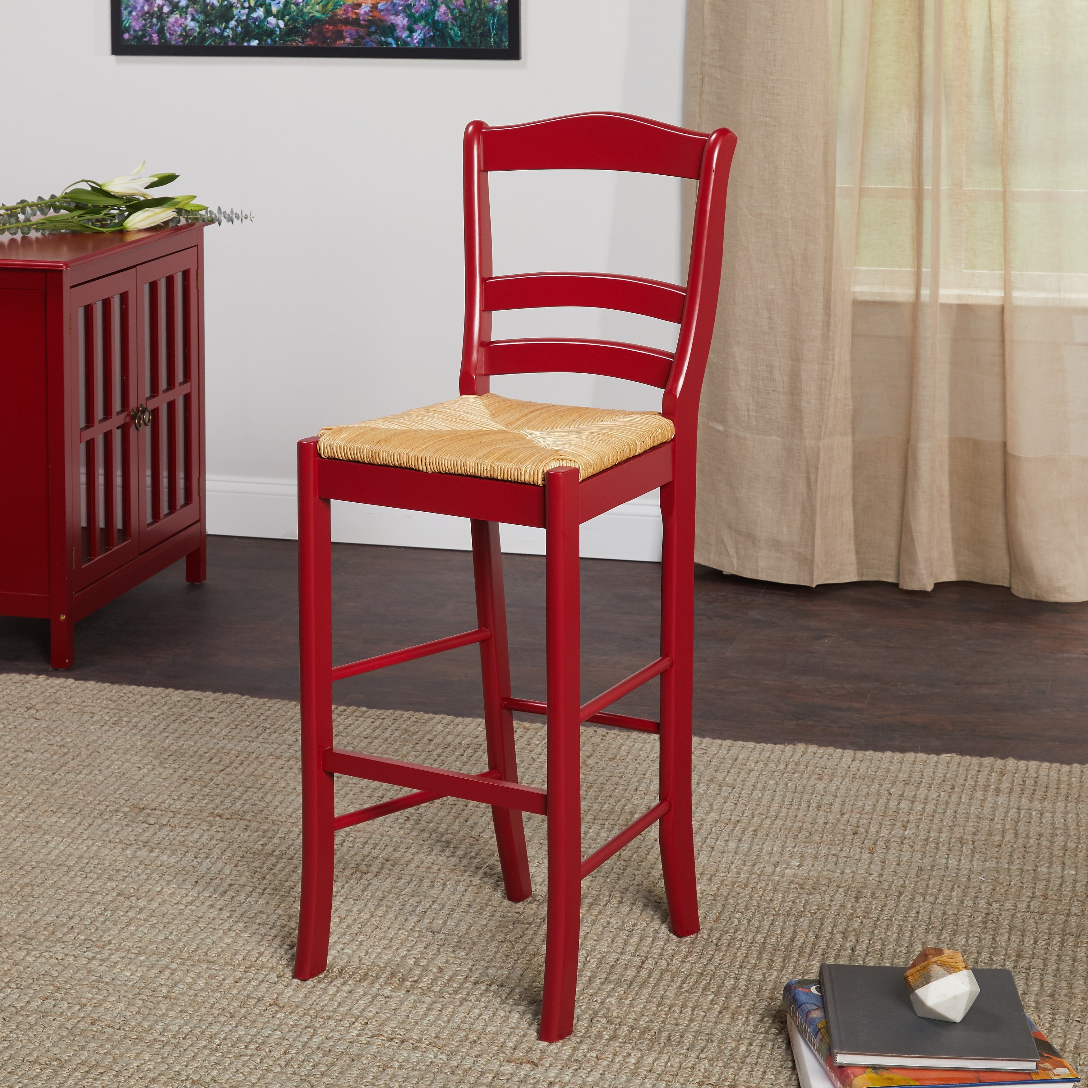 Simple Living Parker Red Wood Woven Rush Armless 30-inch Bar Stool