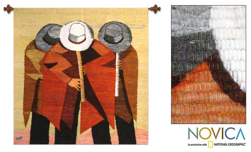 Quena Flute Players Artisan Handmade Home Decor Red Yellow Gold Brown Gray Black White Wall Hanging Art Wool Tapestry (Peru)