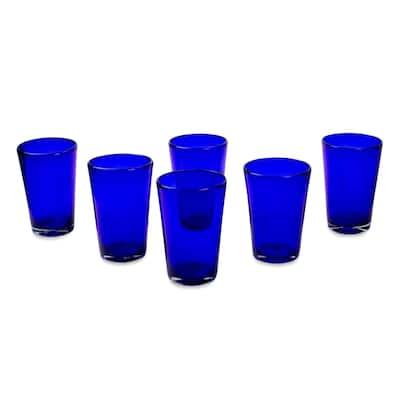 NOVICA Artisan Handblown Recycled Drinking Glasses Mexican Tumbler 'Cobalt Angles'(Set of 6) - 5.5" H x 3.5" Diam.