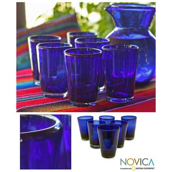 Set de 6 v Cobalt Angles de vidrio soplado artesanal (Mxico) Novica Tumblers