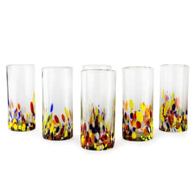NOVICA Handmade Confetti Multicolor Bright Highball Set of 6 Glasses (Mexico) - 3.2" x 6.75"