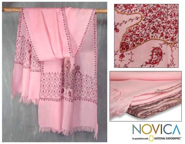 Wool 'Maple Rose' Shawl (India) Novica Scarves & Wraps