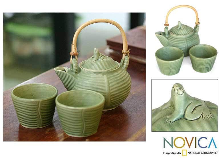 Handmade Ceramic 'Banana Frog' 2-person Tea Set (Indonesia)