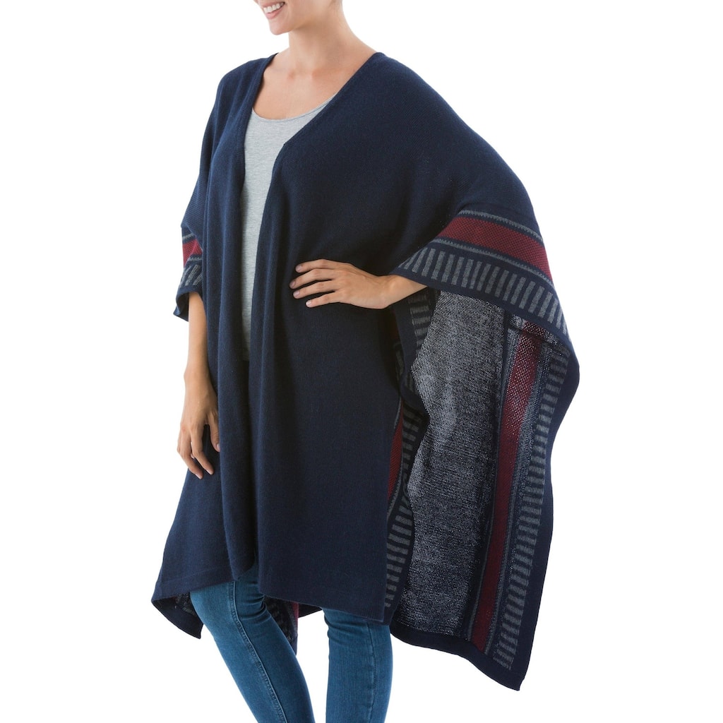 Handmade Alpaca Wool Nautical Navy Ruana Cloak (Peru)