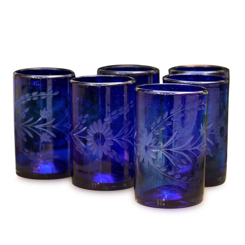 NOVICA Handmade Blown Glass Blue Blossoms Glasses Set of 6 (Mexico)