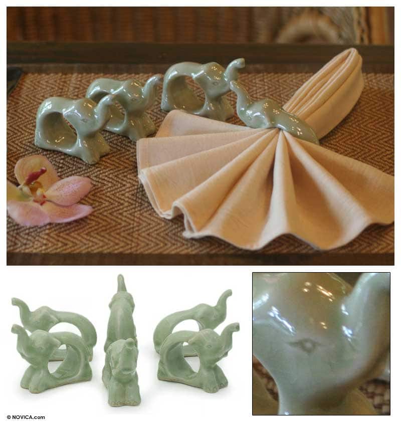 Handmade Set Of 6 Celadon Ceramic 'Elephant Hello' Napkin Rings (Thailand)
