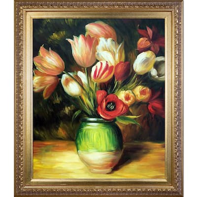 La Pastiche Renior 'Tulips in a Vase' Hand-painted Framed Art Print