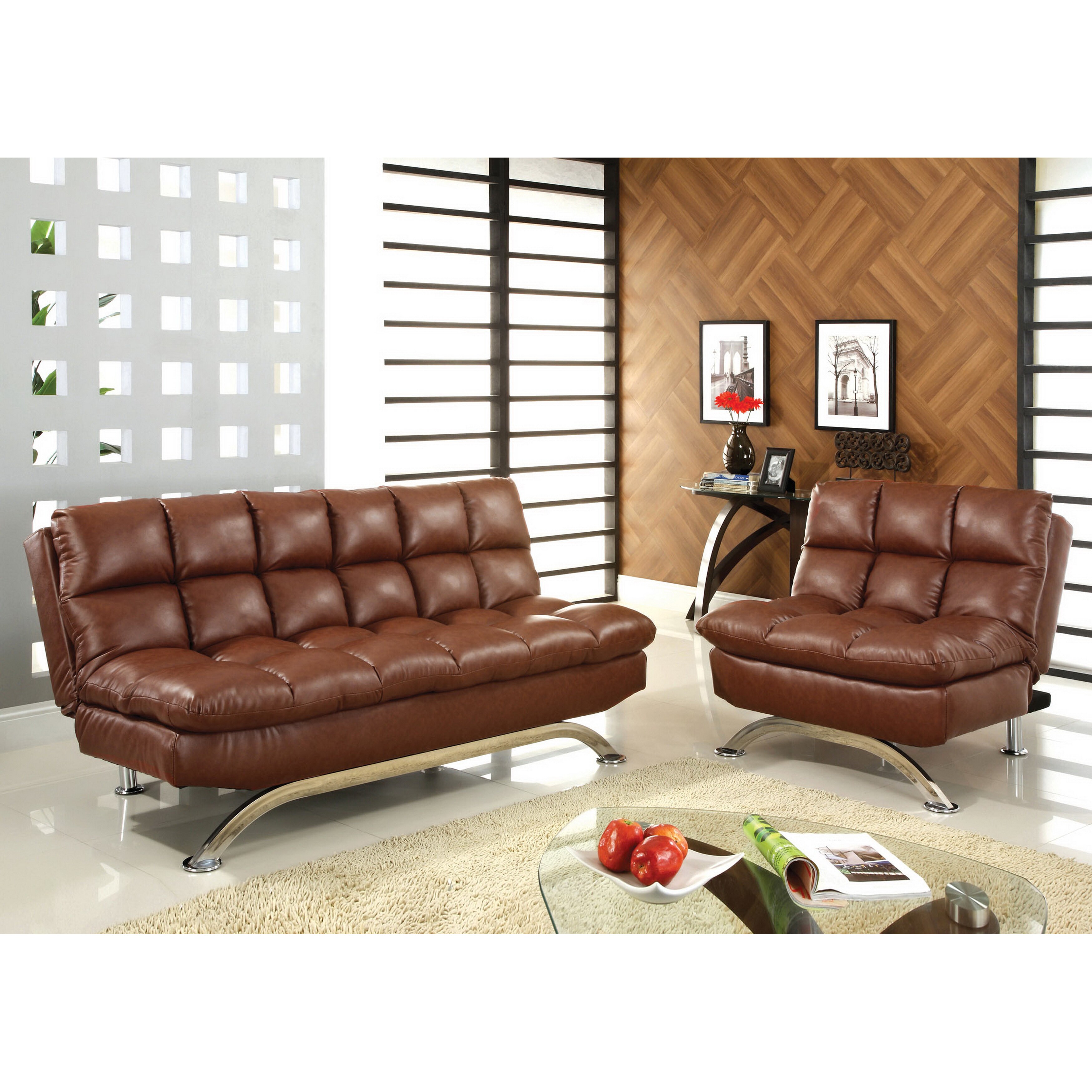 Furniture Of America Deep Cushion 2 piece Sofa/ Sofabed And Chair (Dark brownGlued and double doweled for exceptional stabilityComfortable sofa bed with a higher and deeper cushion than most sofa bedsSofa style seat transforms into a full size bed in seco